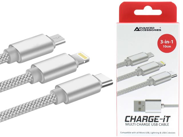 Advanced Accessories 3 in 1 USB Cable 10cm (Lightning/USB-C/Micro)- Silver